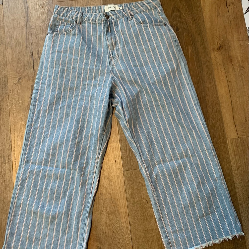 Blue and White Striped Flare Jeans